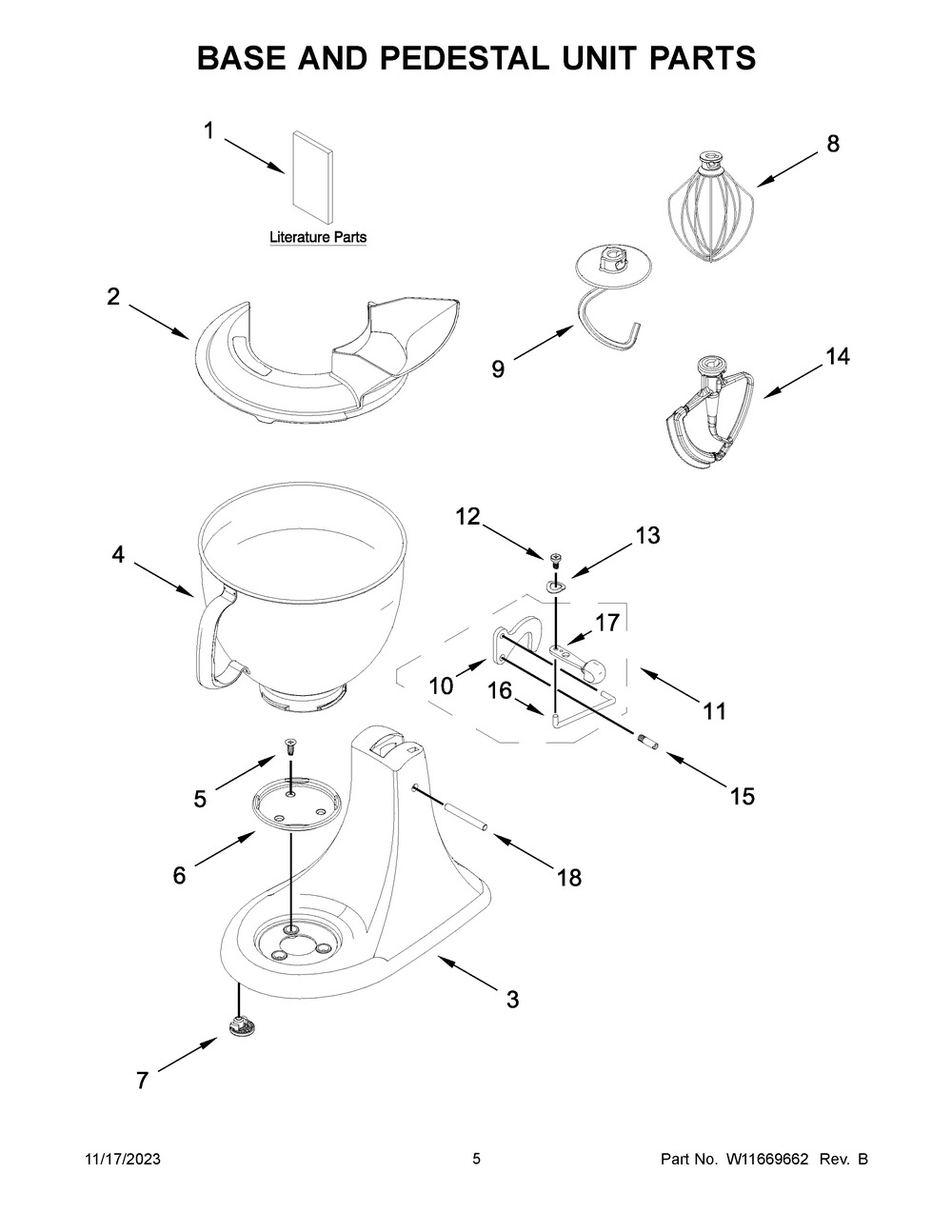 Base And Pedestal Unit Parts Diagram and Parts List for KSM150PSLR5  KitchenAid Mixer