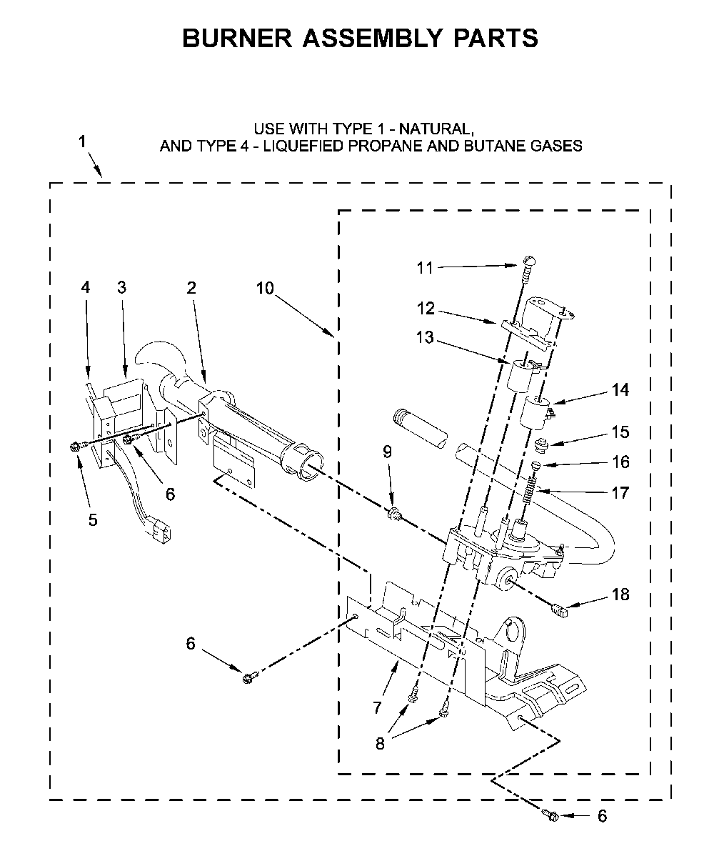 Burner assembly parts Diagram and Parts List for WGD4950HW1  Whirlpool Dryer