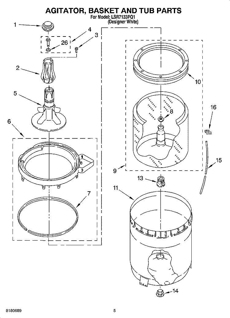 AGITATOR, BASKET AND TUB PARTS Diagram and Parts List for LSR7133PQ1  Whirlpool Washer