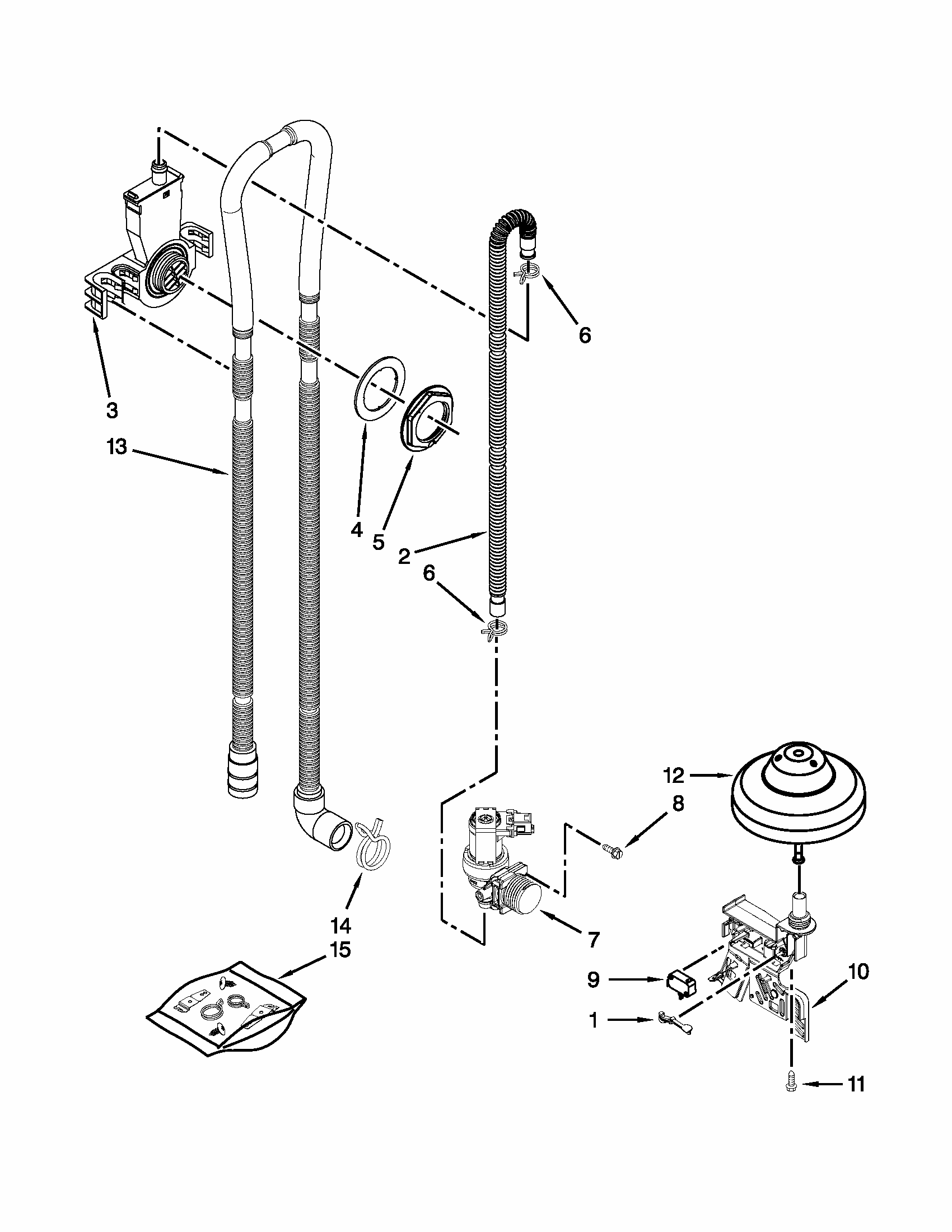 Fill, Drain And Overfill Parts Diagram and Parts List for 66513073K214  Kenmore Dishwasher