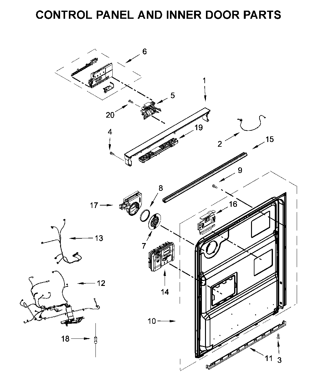 Control panel and inner door parts Diagram and Parts List for WDTA80SAKZ0  Whirlpool Dishwasher