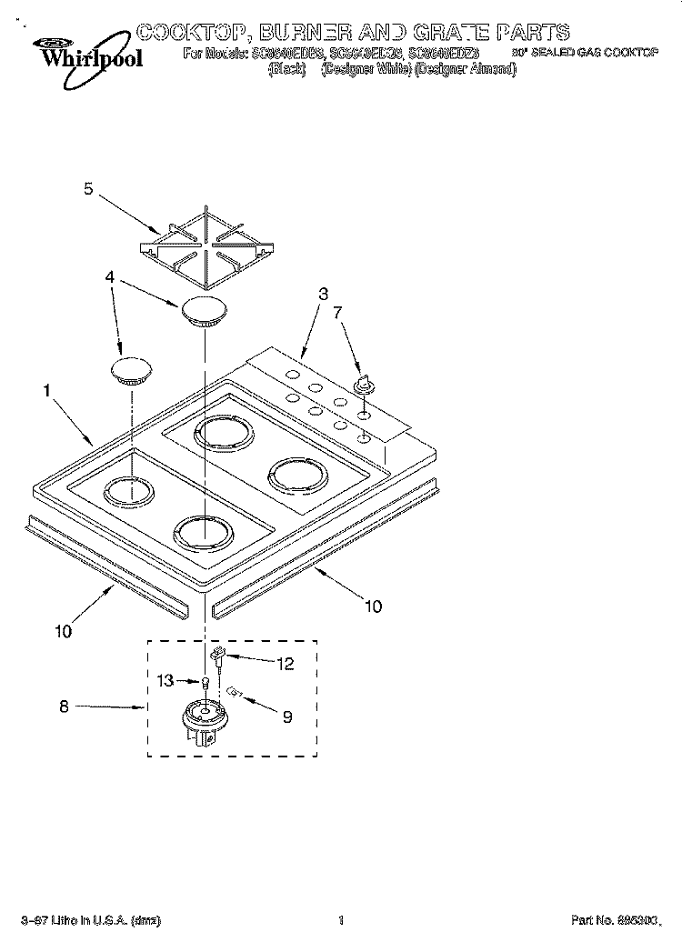 COOKTOP, BURNER AND GRATE Diagram and Parts List for SC8640EDB3  Whirlpool Cooktop