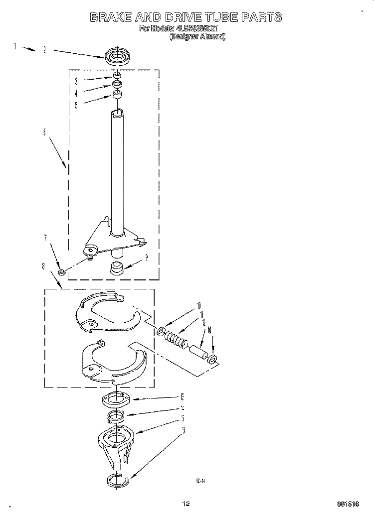 BRAKE AND DRIVE TUBE Diagram and Parts List for 4LBR8255DZ1  Whirlpool Washer