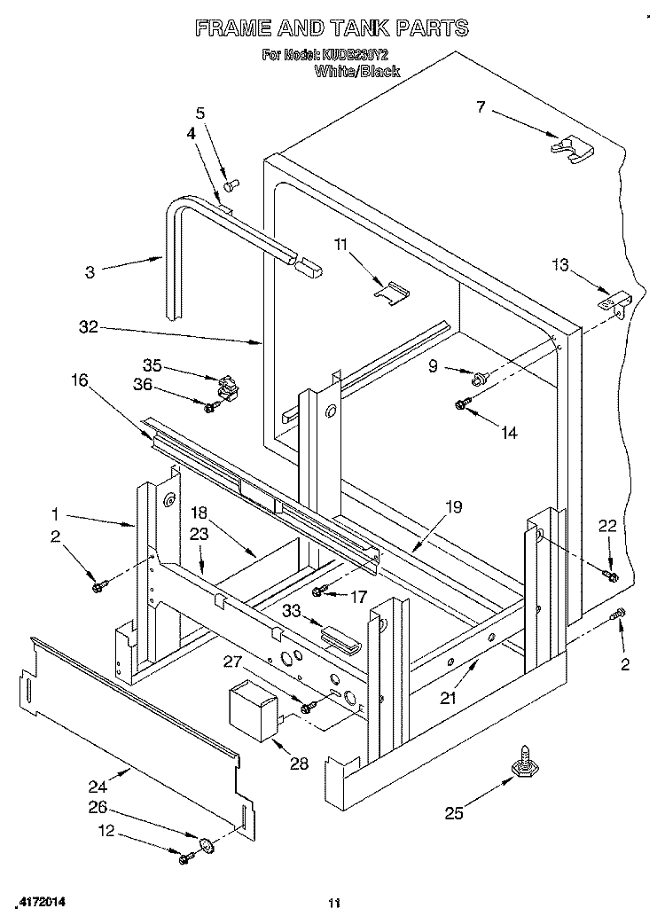 FRAME AND TANK Diagram and Parts List for KUDB230Y2  KitchenAid Dishwasher