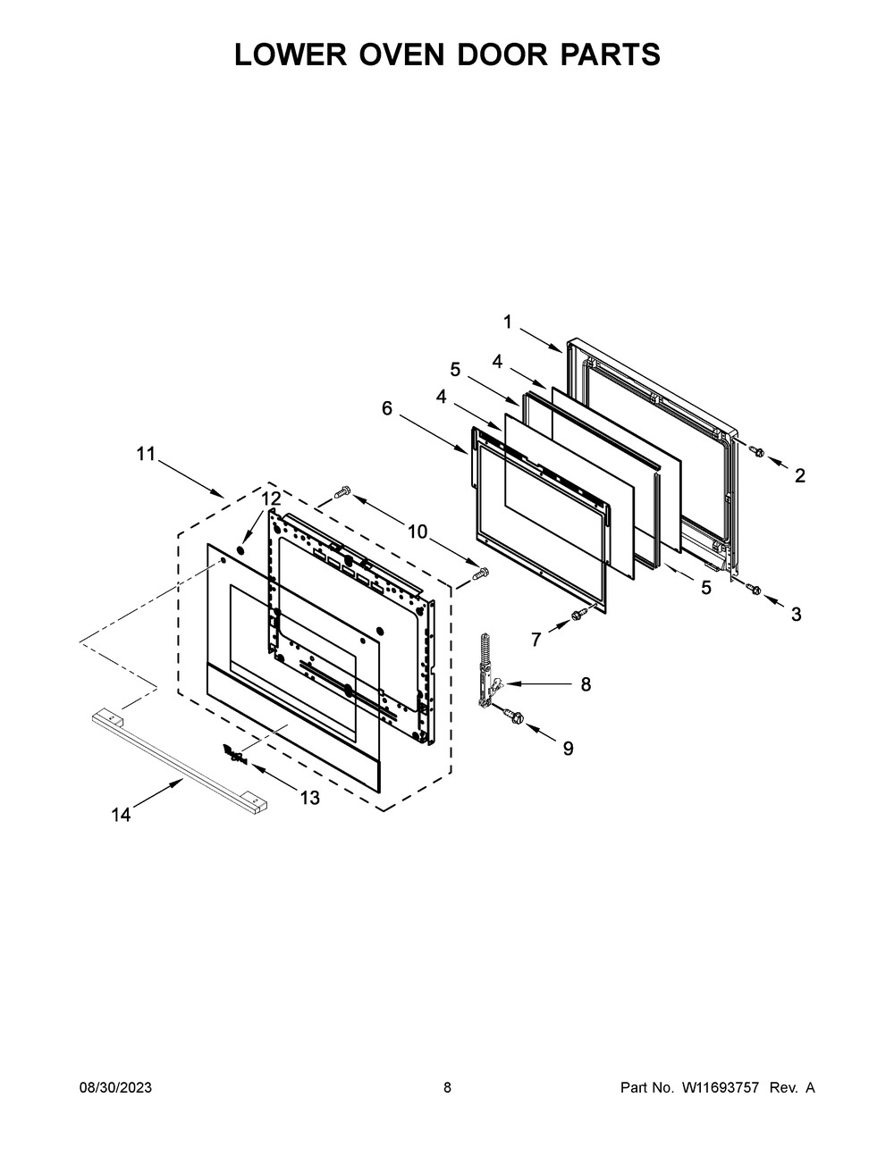 Lower Oven Door Parts Diagram and Parts List for WOED5930LZ01  Whirlpool Wall Oven