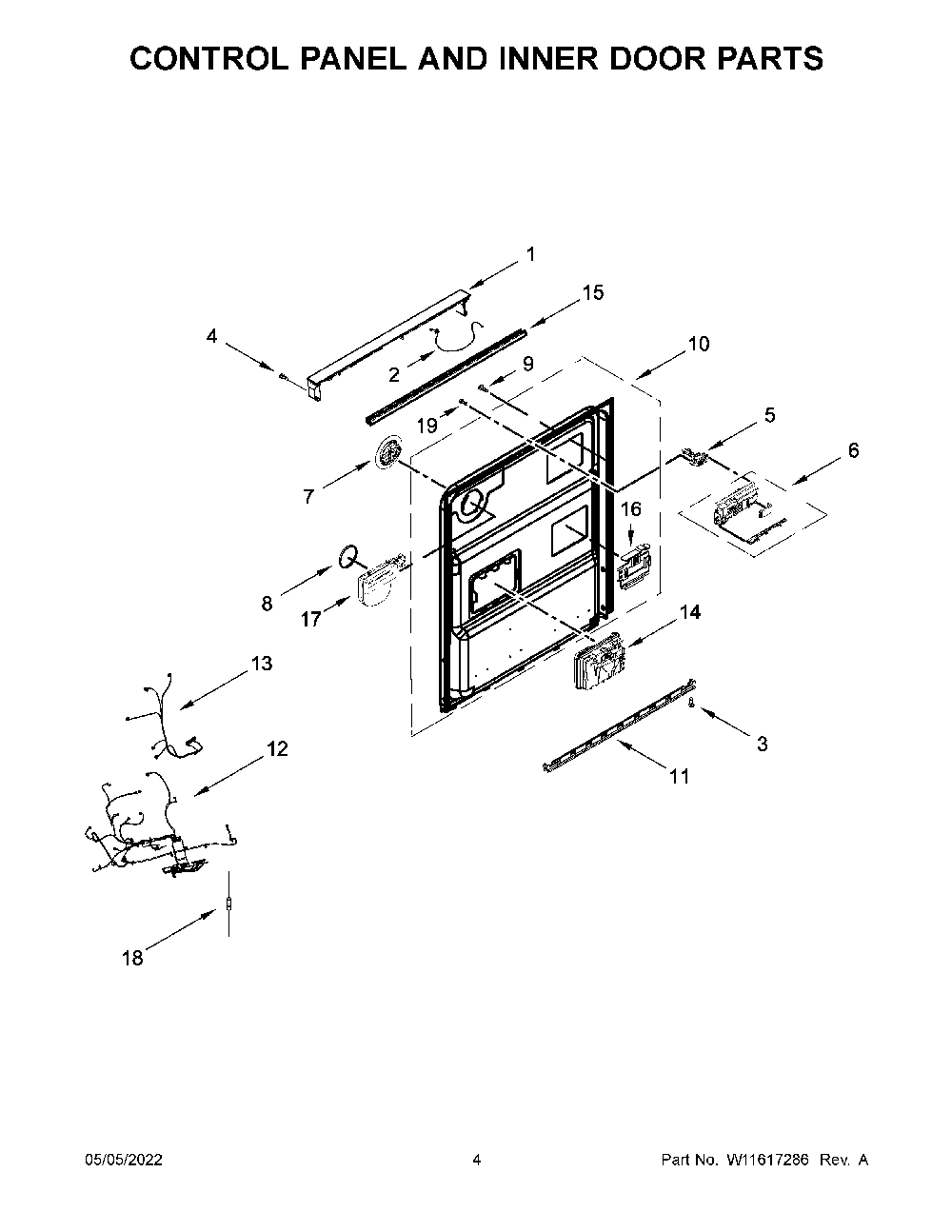 Control Panel And Inner Door Parts Diagram and Parts List for KDTE204KBS1  KitchenAid Dishwasher