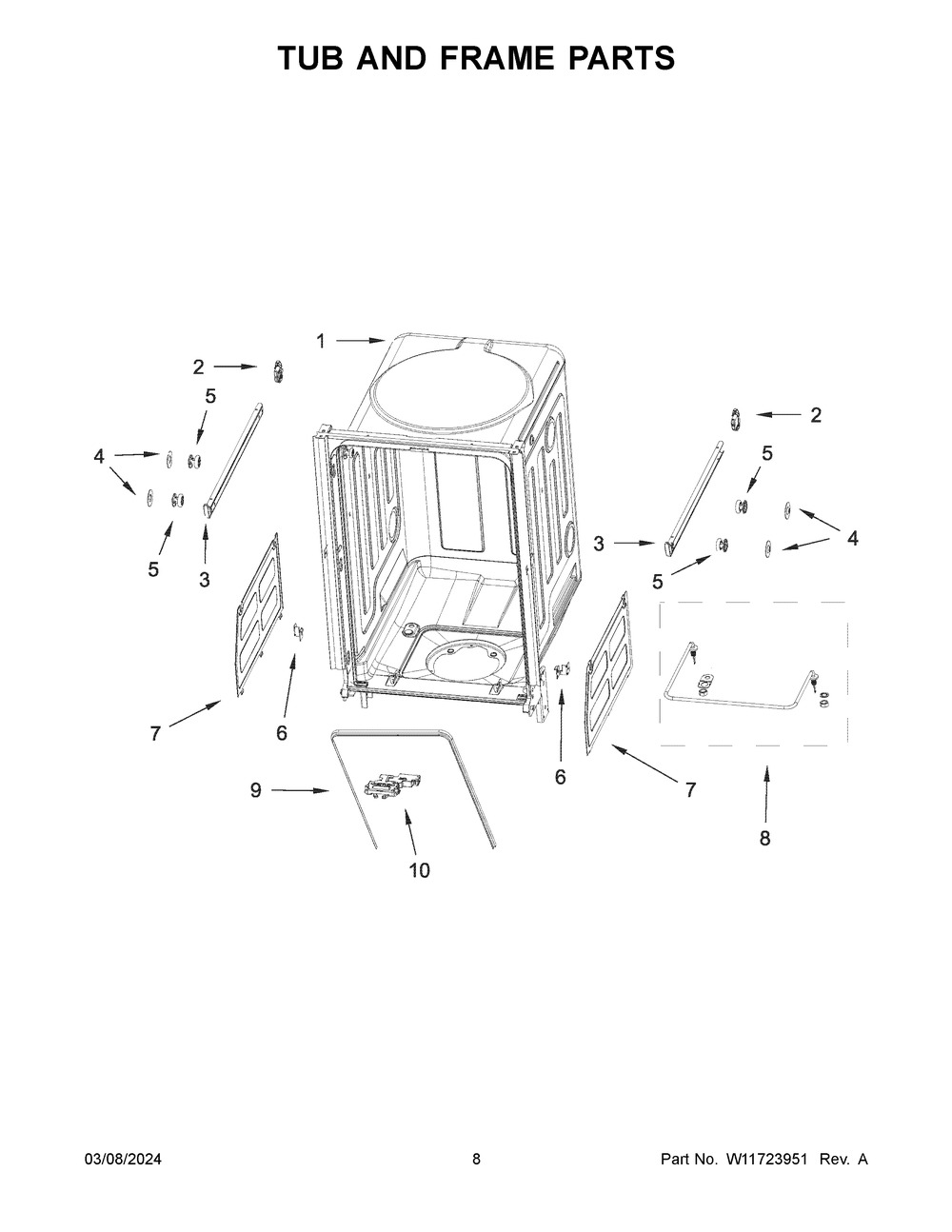 Tub And Frame Parts Diagram and Parts List for UDPS5118PP0  Whirlpool Dishwasher
