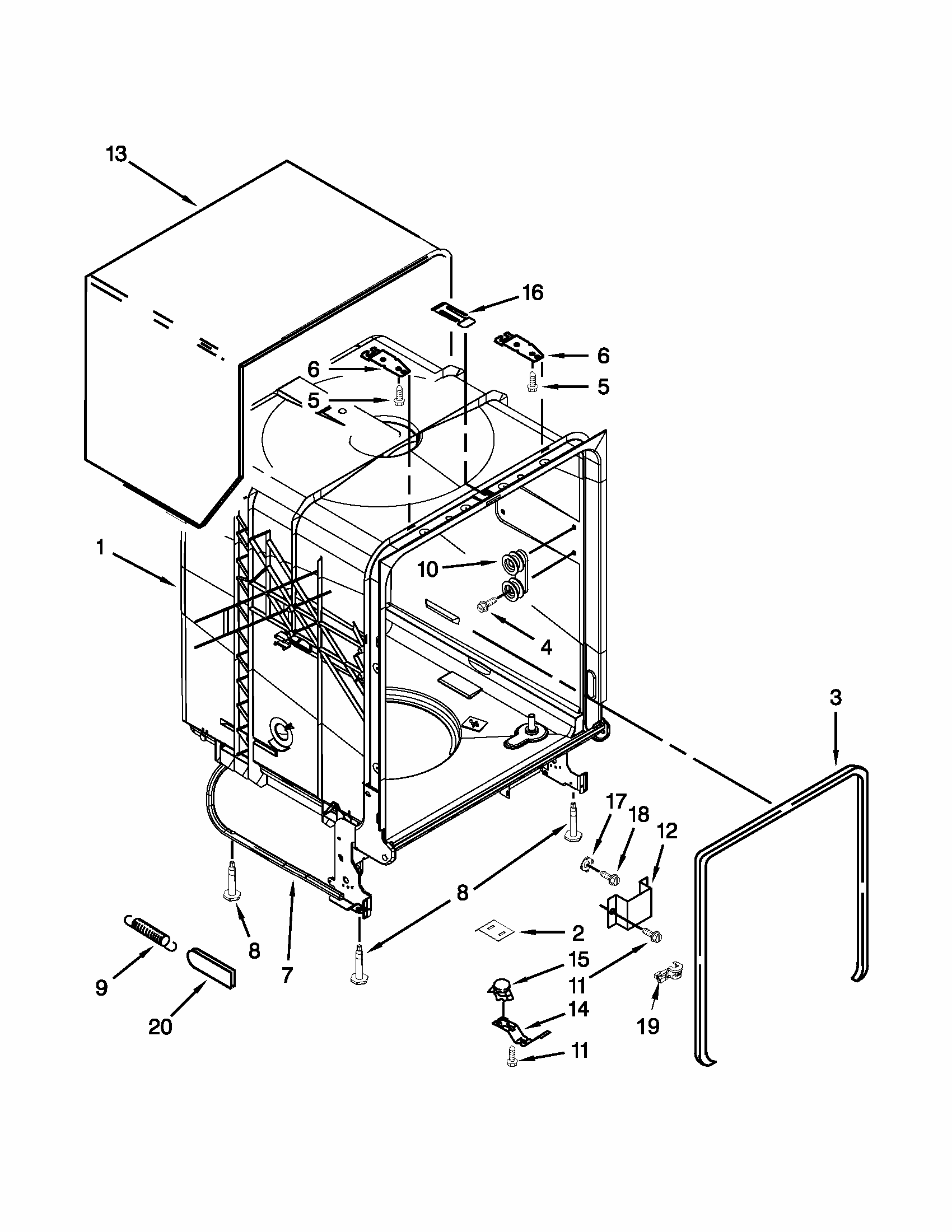 Tub And Frame Parts Diagram and Parts List for 66512723K310  Kenmore Dishwasher