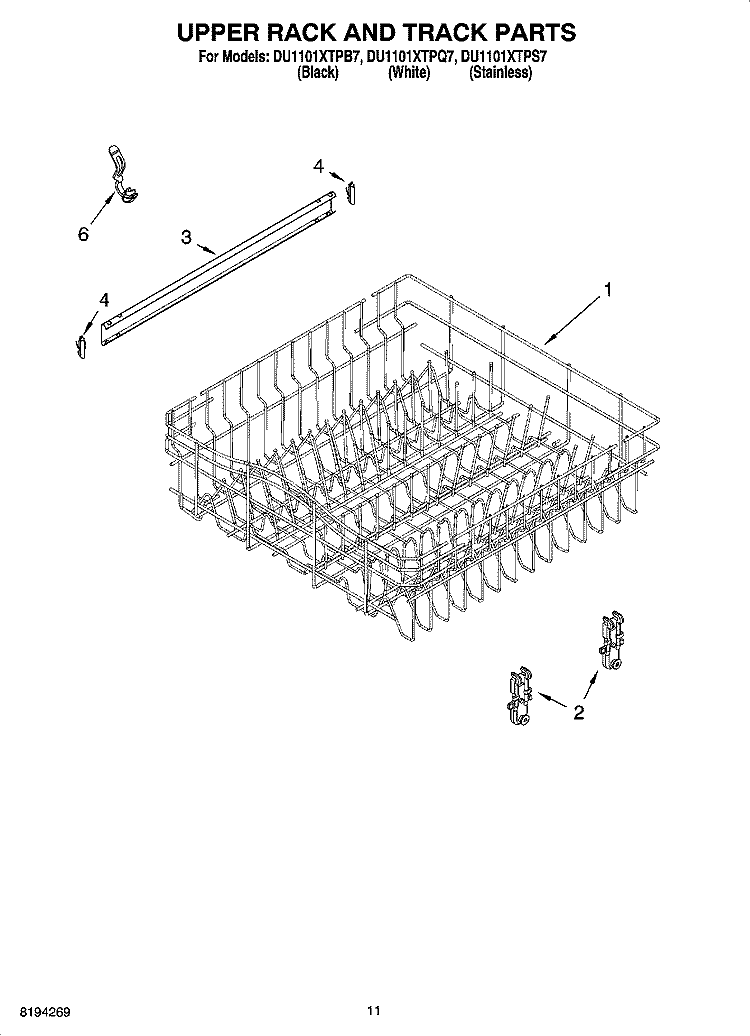 UPPER RACK AND TRACK PARTS Diagram and Parts List for DU1101XTPB7  Whirlpool Dishwasher