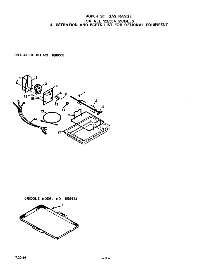 ROTISSERIE , GRIDDLE Diagram and Parts List for 1265W0A  Roper Range