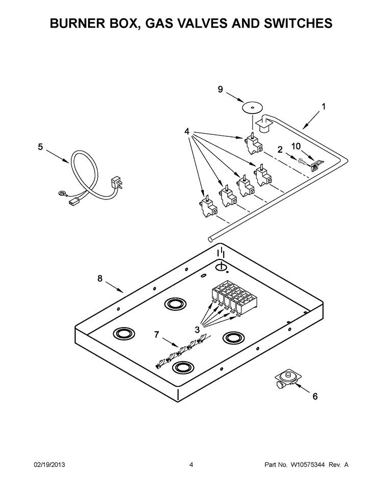 BURNER BOX, GAS VALVES AND SWITCHES Diagram and Parts List for GLS3665RS03  Whirlpool Cooktop