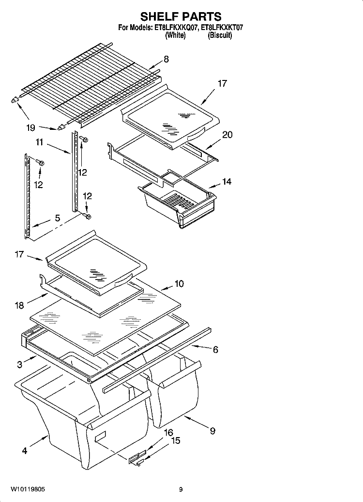 SHELF PARTS, OPTIONAL PARTS Diagram and Parts List for ET8LFKXKQ07  Whirlpool Refrigerator