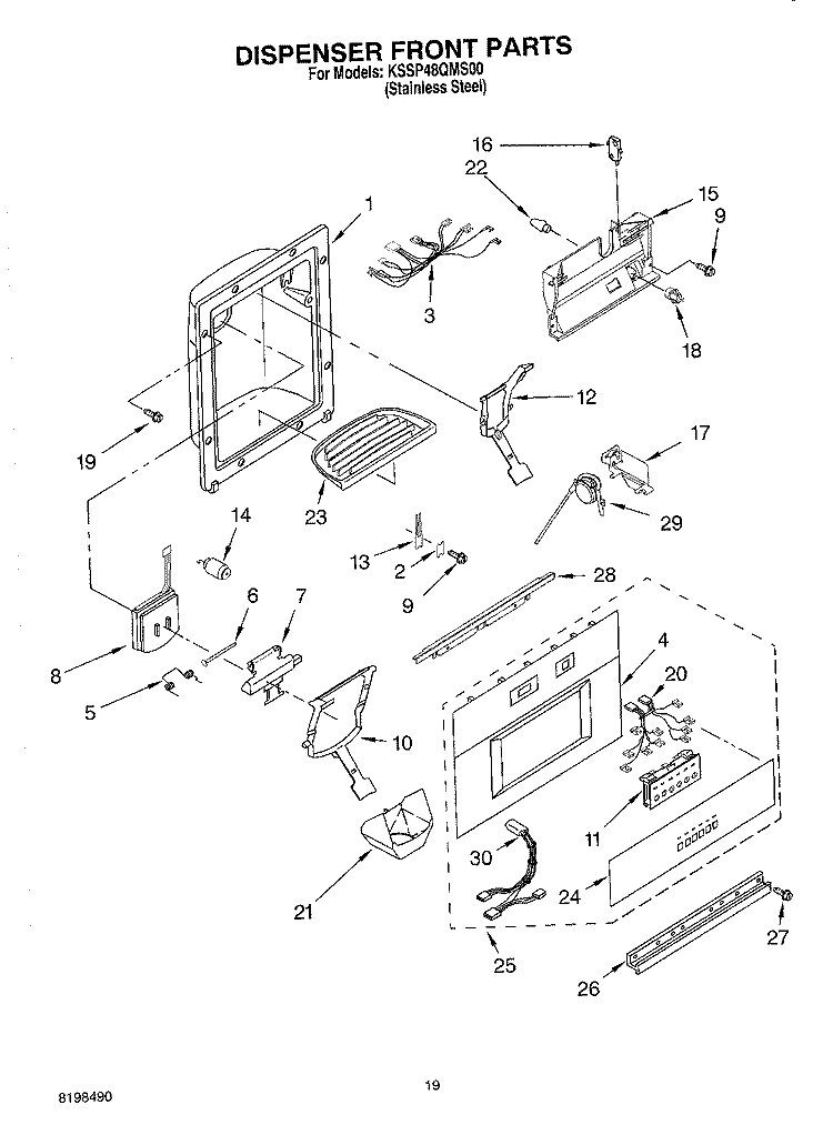 DISPENSER AND FRONT PARTS Diagram and Parts List for KSSP48QMS00  KitchenAid Refrigerator