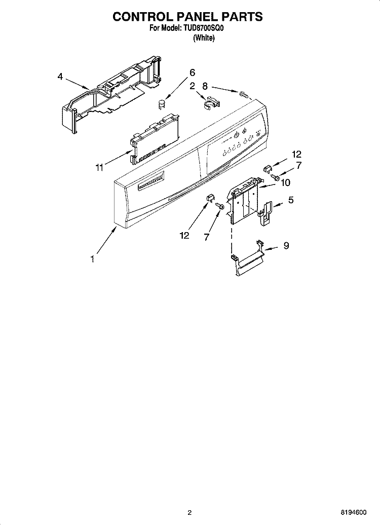 CONTROL PANEL PARTS Diagram and Parts List for TUD8700SQ0  Estate Dishwasher