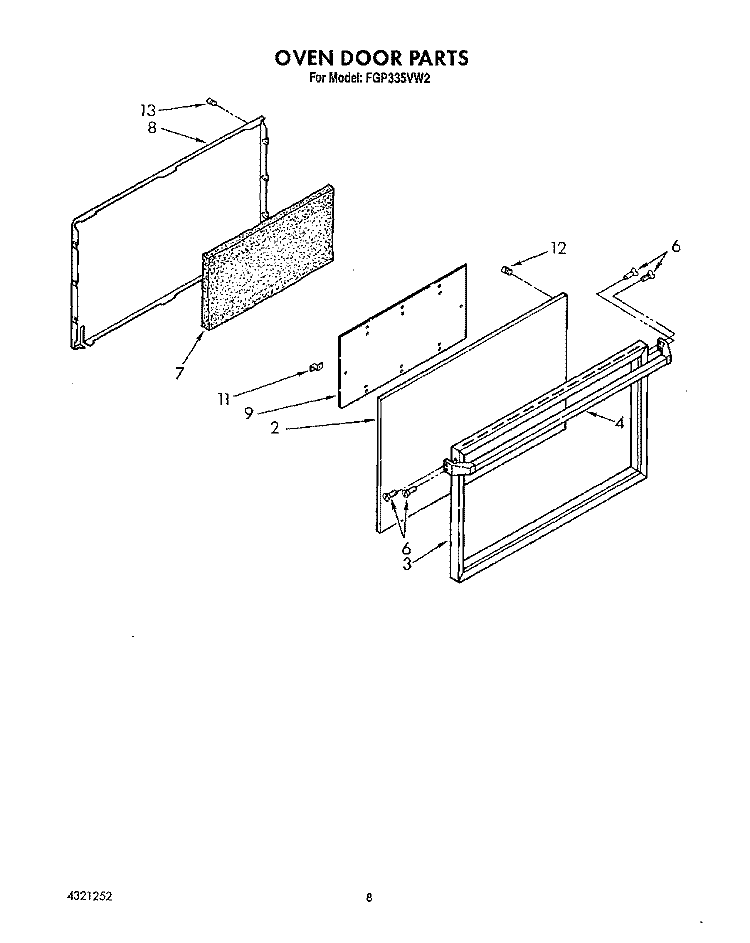 OVEN DOOR, LIT/OPTIONAL Diagram and Parts List for FGP335VW2  Roper Range