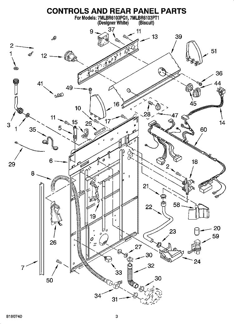 CONTROLS AND REAR PANEL PARTS Diagram and Parts List for 7MLBR6103PQ1  Whirlpool Washer