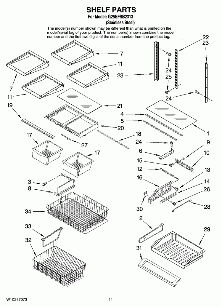 SHELF PARTS Diagram and Parts List for G25EFSB2313  Whirlpool Refrigerator
