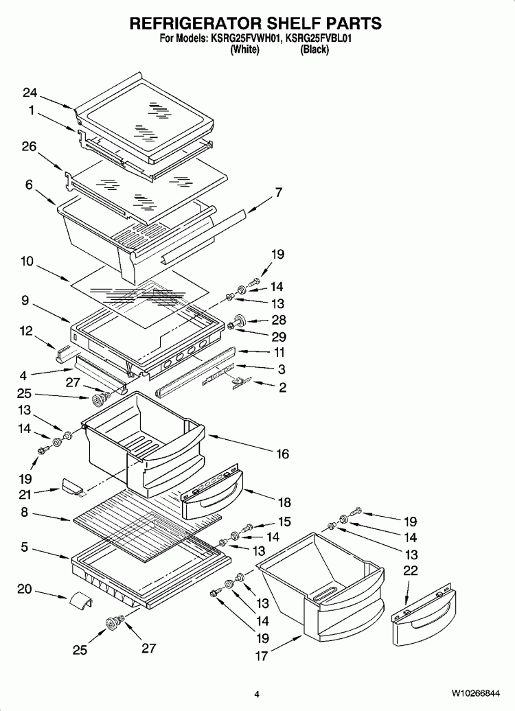 REFRIGERATOR SHELF PARTS Diagram and Parts List for KSRG25FVWH01  KitchenAid Refrigerator