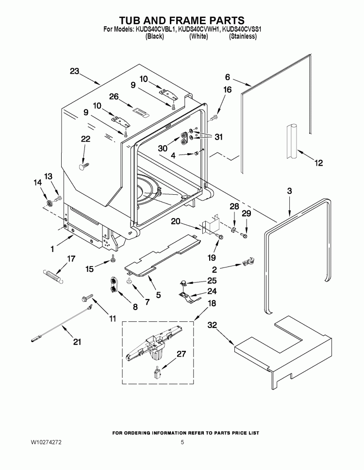 TUB AND FRAME PARTS Diagram and Parts List for KUDS40CVSS1  KitchenAid Dishwasher
