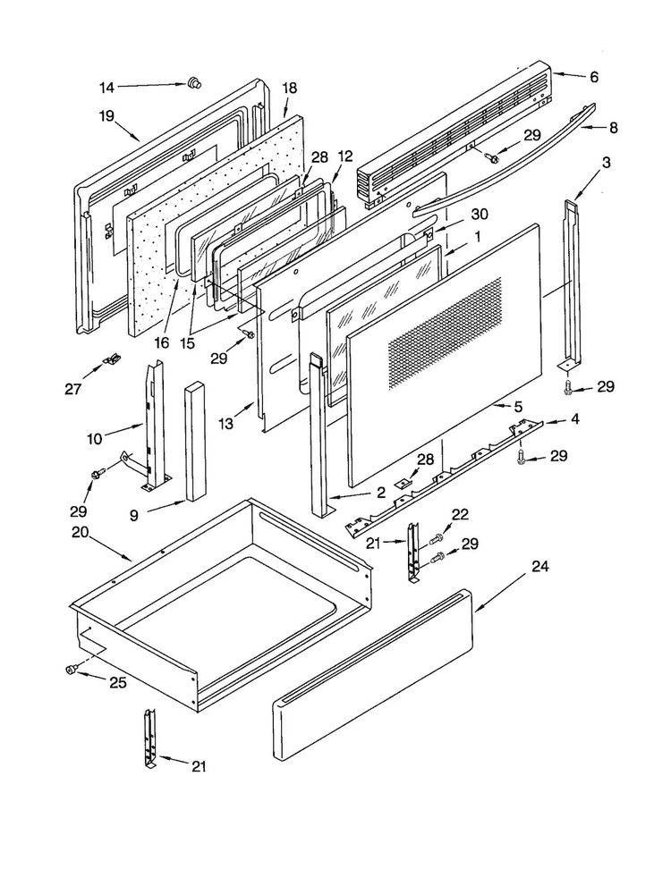 Door And Drawer Diagram and Parts List for GW395LEGT2  Whirlpool Range