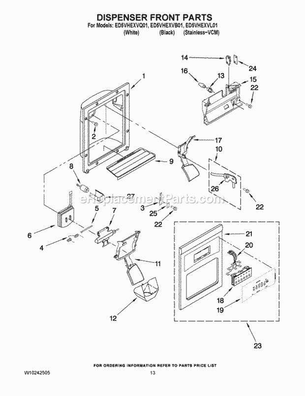 DISPENSER FRONT PARTS Diagram and Parts List for ED5VHEXVB01  Whirlpool Refrigerator