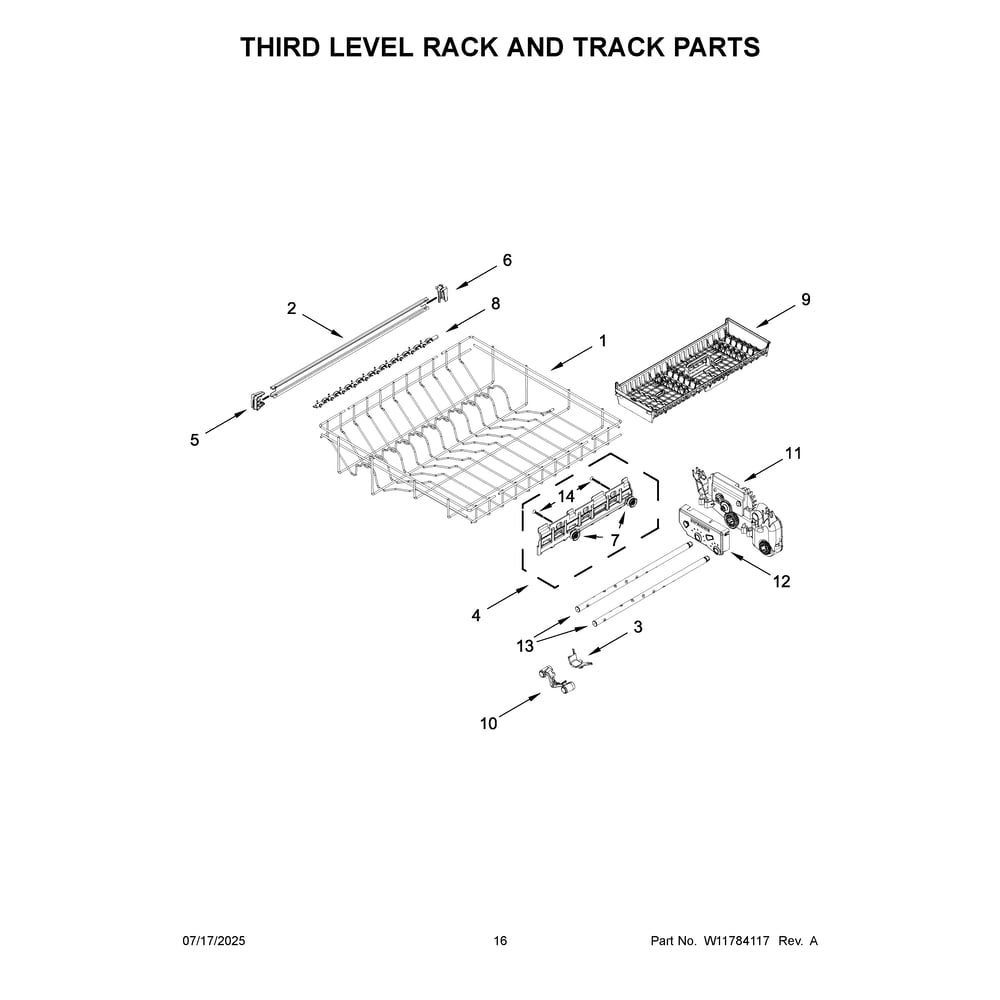 Third Level Rack And Track Parts Diagram and Parts List for KDTS424SPS0  KitchenAid Dishwasher