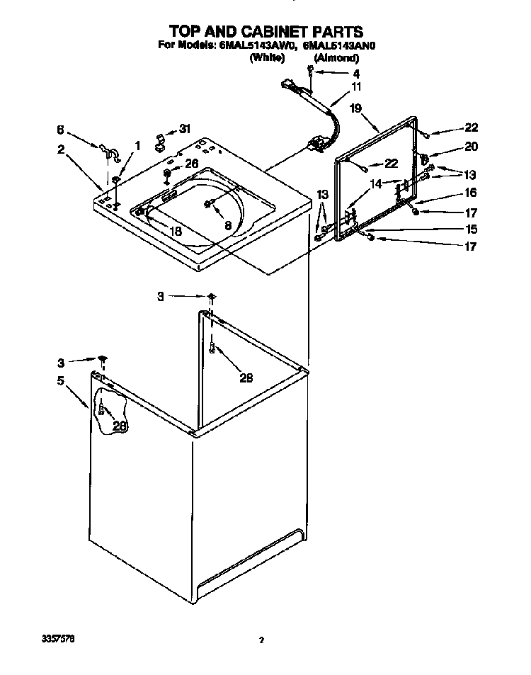 Top And Cabinet Diagram and Parts List for 6MAL5143AW0  Whirlpool Washer