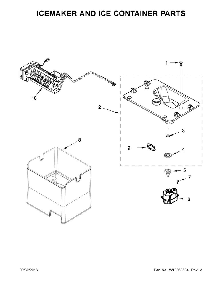 Icemaker And Ice Container Parts Diagram and Parts List for 7WF736SDAM14  Whirlpool Refrigerator