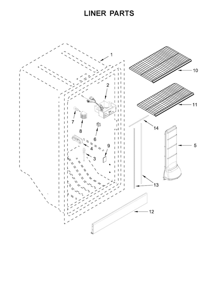 Liner Parts Diagram and Parts List for WZF56R16DW01  Whirlpool Freezer