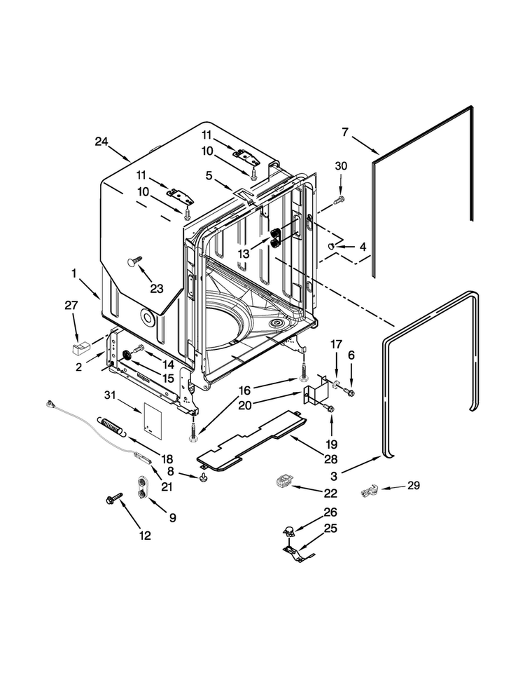Tub And Frame Parts Diagram and Parts List for KUDL15FXSS7  KitchenAid Dishwasher