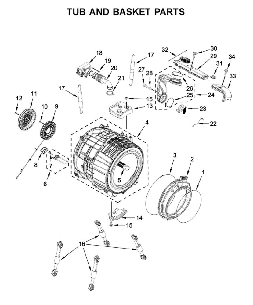 Tub And Basket Parts Diagram and Parts List for WFW8620HW0  Whirlpool Washer
