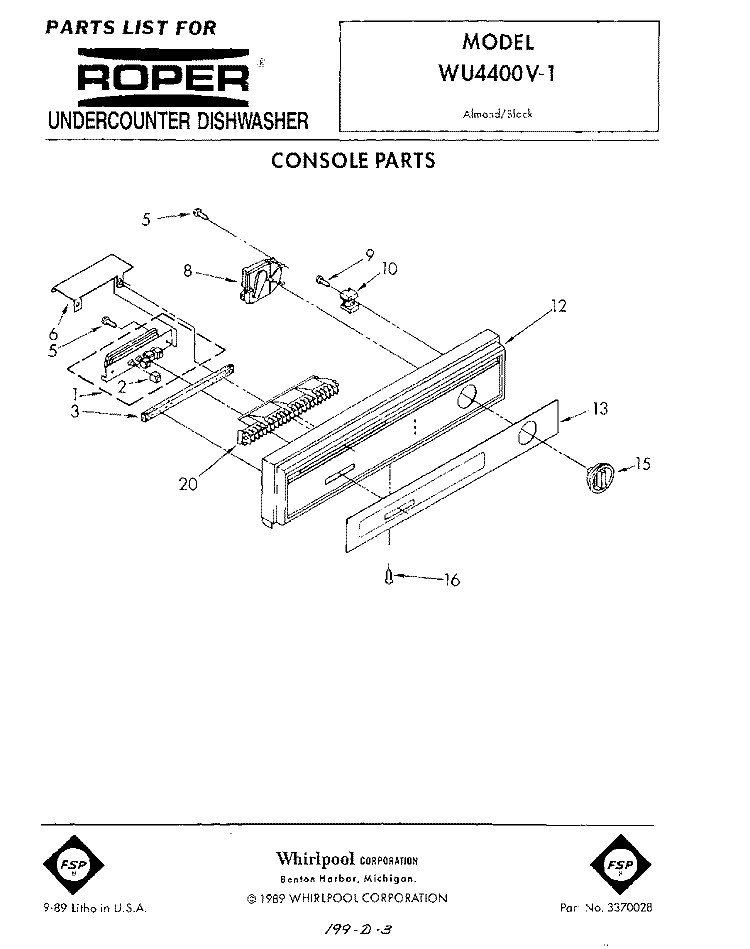 CONSOLE Diagram and Parts List for WU4400V1  Roper Dishwasher