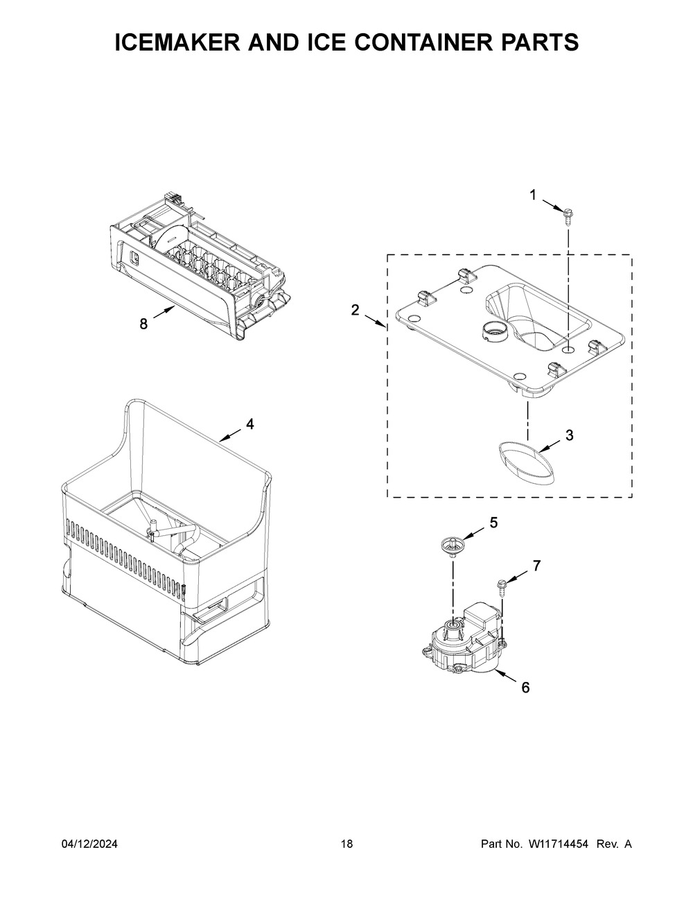 Icemaker And Ice Container Parts Diagram and Parts List for WRF954CIHV04  Whirlpool Refrigerator