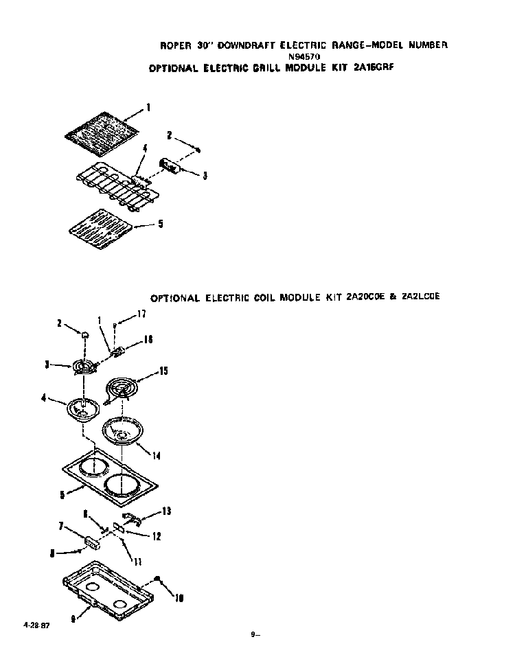 ^electric Grill Diagram and Parts List for N9457*0  Roper Range