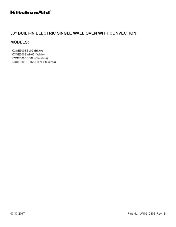 Cover Sheet Diagram and Parts List for KOSE500EBS02  KitchenAid Wall Oven