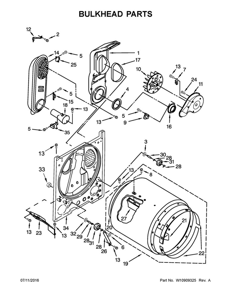 Bulkhead Parts Diagram and Parts List for 7MWGD9919EM1  Whirlpool Dryer
