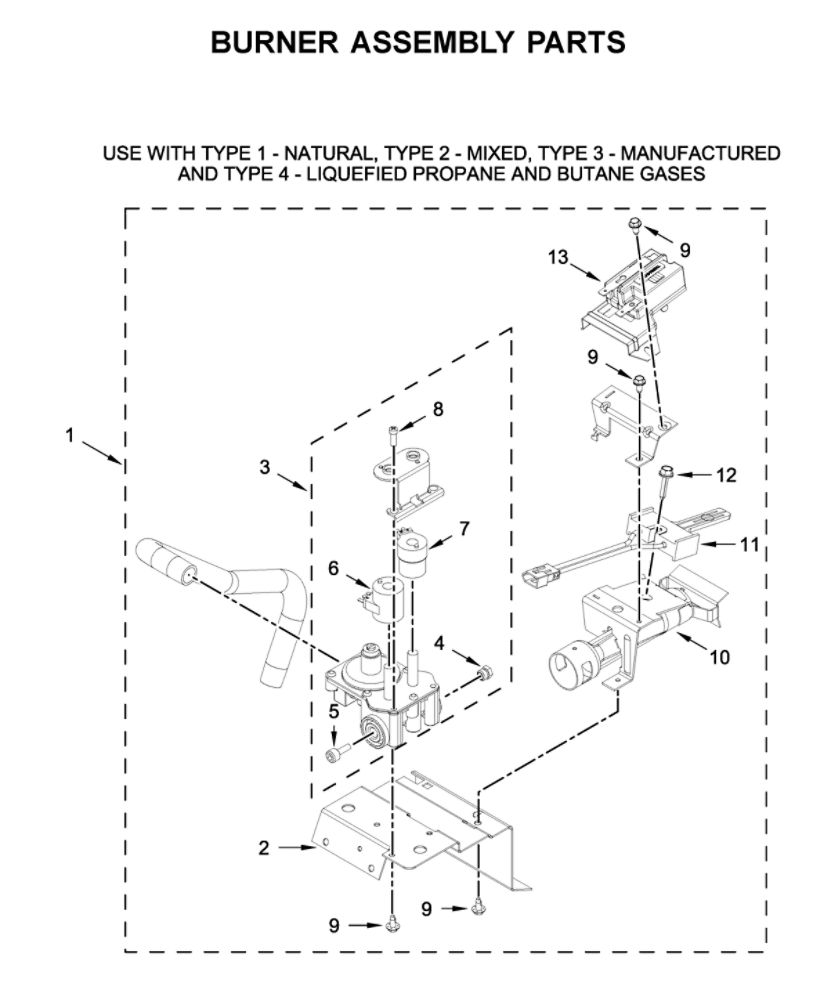 Burner Assembly Diagram and Parts List for 7MWGT4027HW1  Whirlpool Washer Dryer Combo