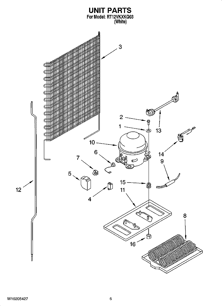 UNIT PARTS Diagram and Parts List for RT12VKXKQ03  Roper Refrigerator