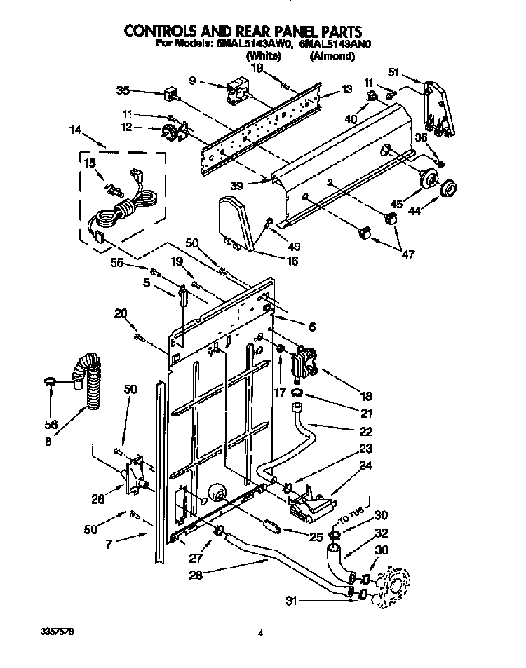 Controls And Rear Panel Diagram and Parts List for 6MAL5143AW0  Whirlpool Washer