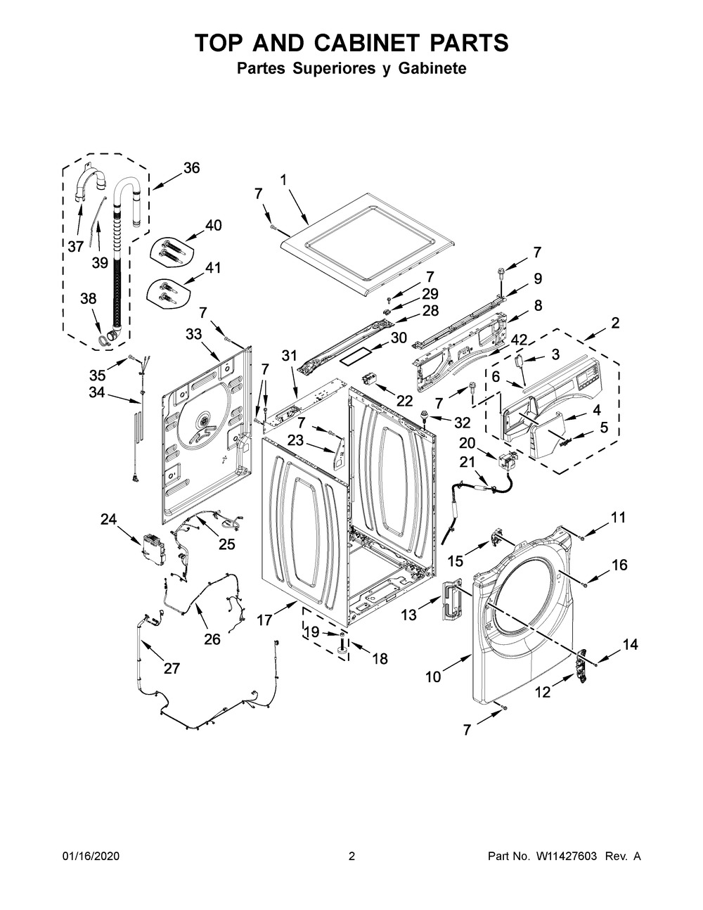 Top And Cabinet Parts Diagram and Parts List for 7MWFW560CHW0  Whirlpool Washer
