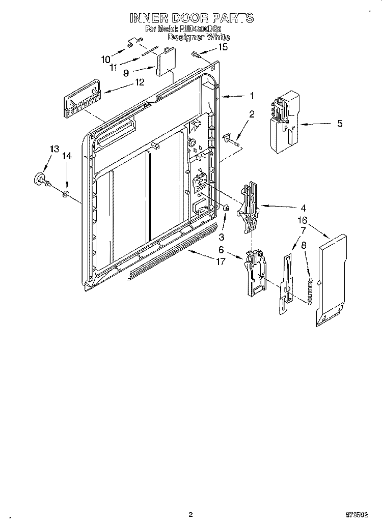 INNER DOOR Diagram and Parts List for RUD4300DQ2  Roper Dishwasher