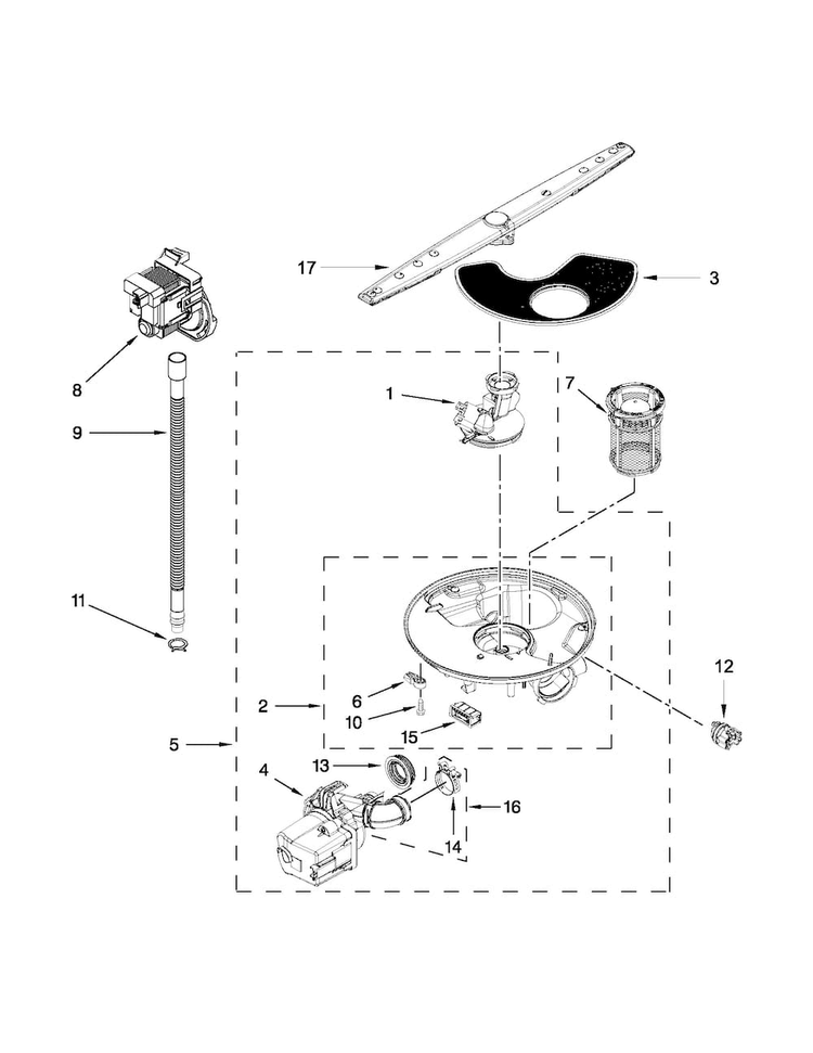 Pump, Washarm And Motor Parts Diagram and Parts List for WDF310PAAS4  Whirlpool Dishwasher