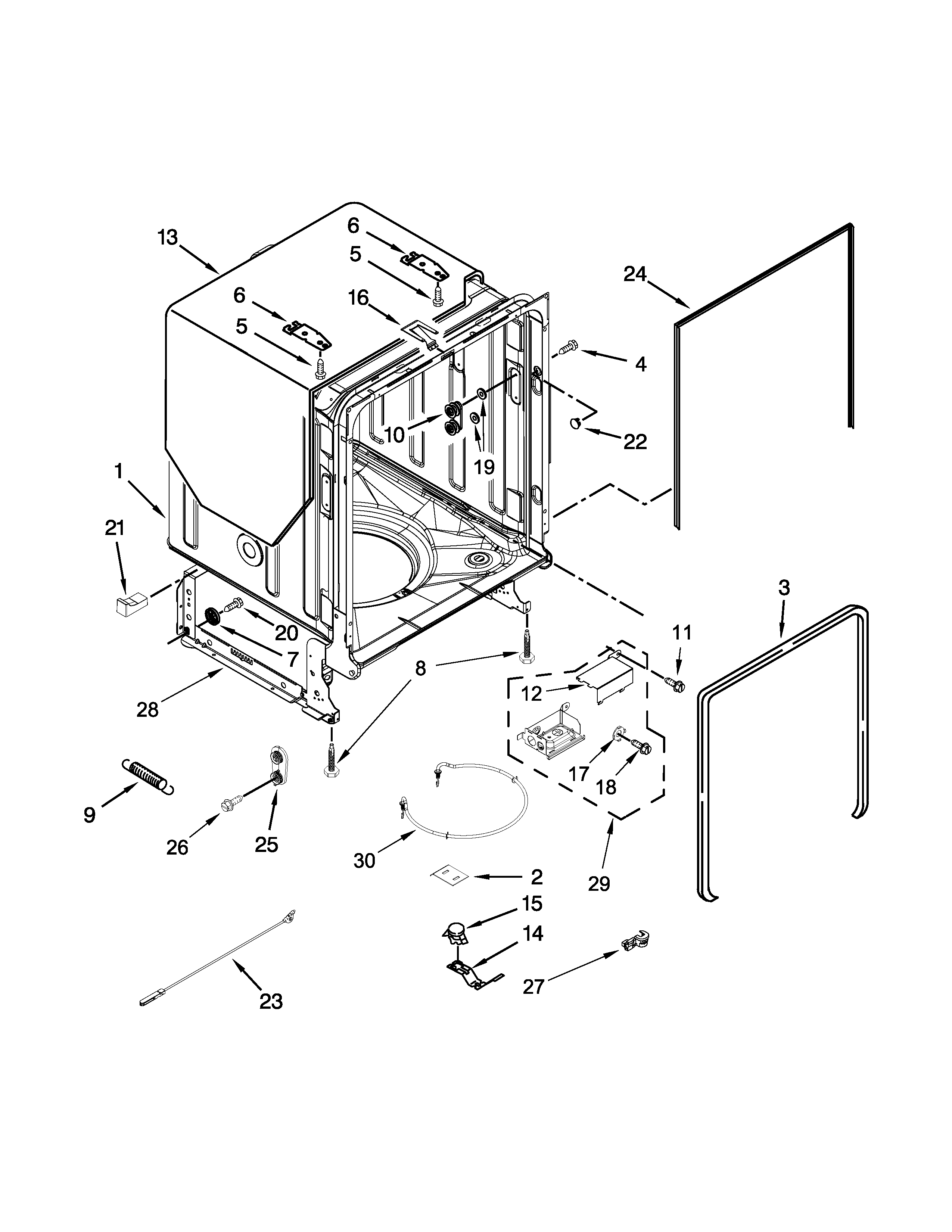 Tub And Frame Parts Diagram and Parts List for 66513693N411  Kenmore Dishwasher