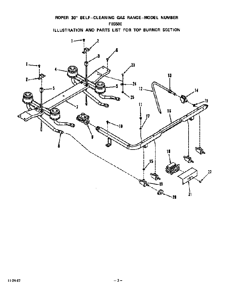 Top Burner Diagram and Parts List for F8558*0  Roper Range