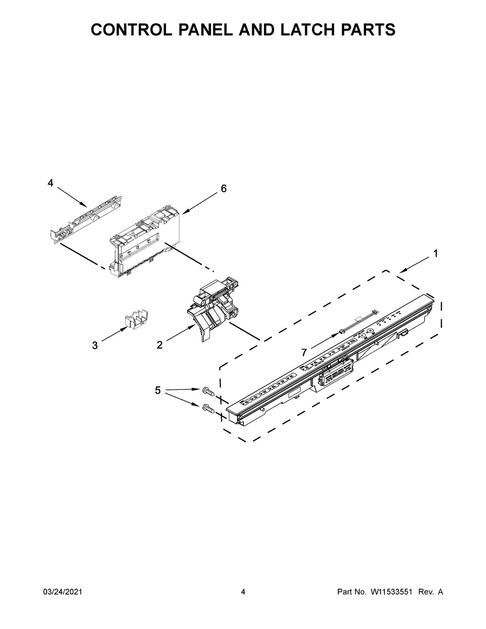 Control Panel And Latch Parts Diagram and Parts List for 66514815N613  Whirlpool Dishwasher