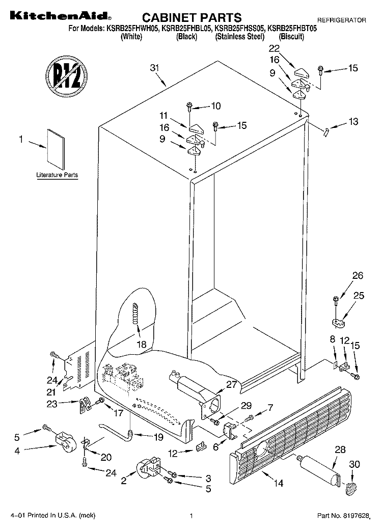 CABINET, LITERATURE Diagram and Parts List for KSRB25FHBT05  KitchenAid Refrigerator