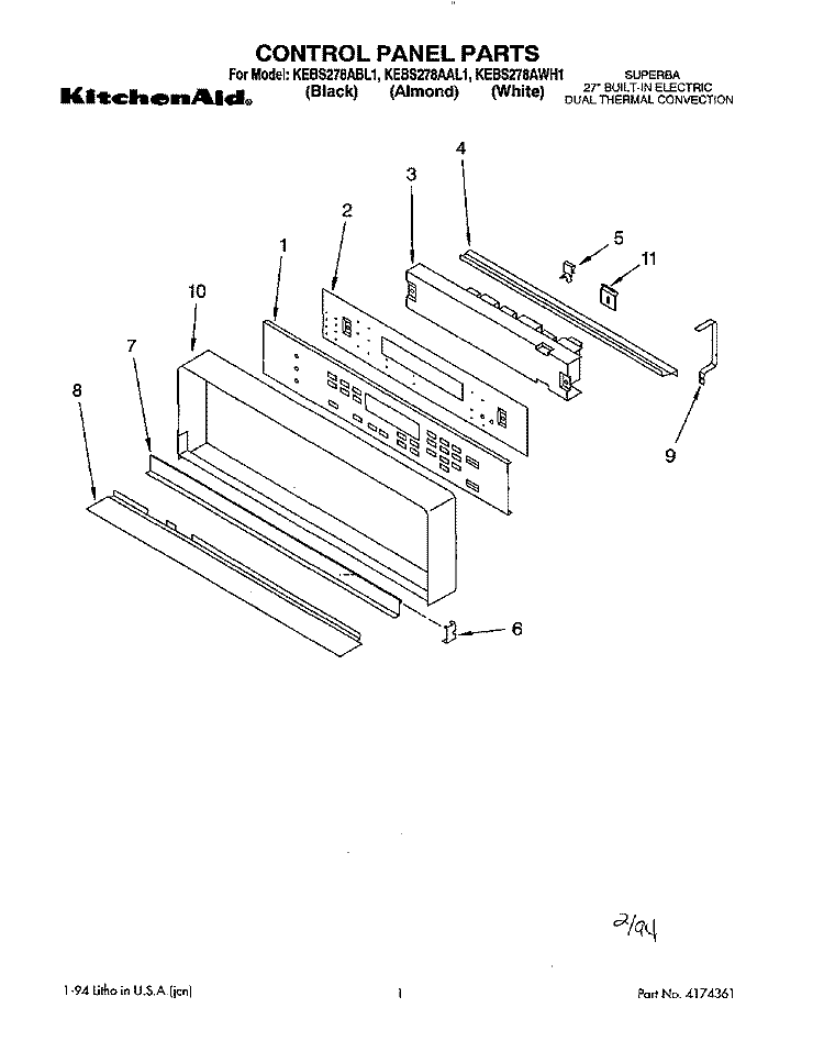 CONTROL PANEL, LIT/OPTIONAL Diagram and Parts List for KEBS278ABL1  KitchenAid Wall Oven
