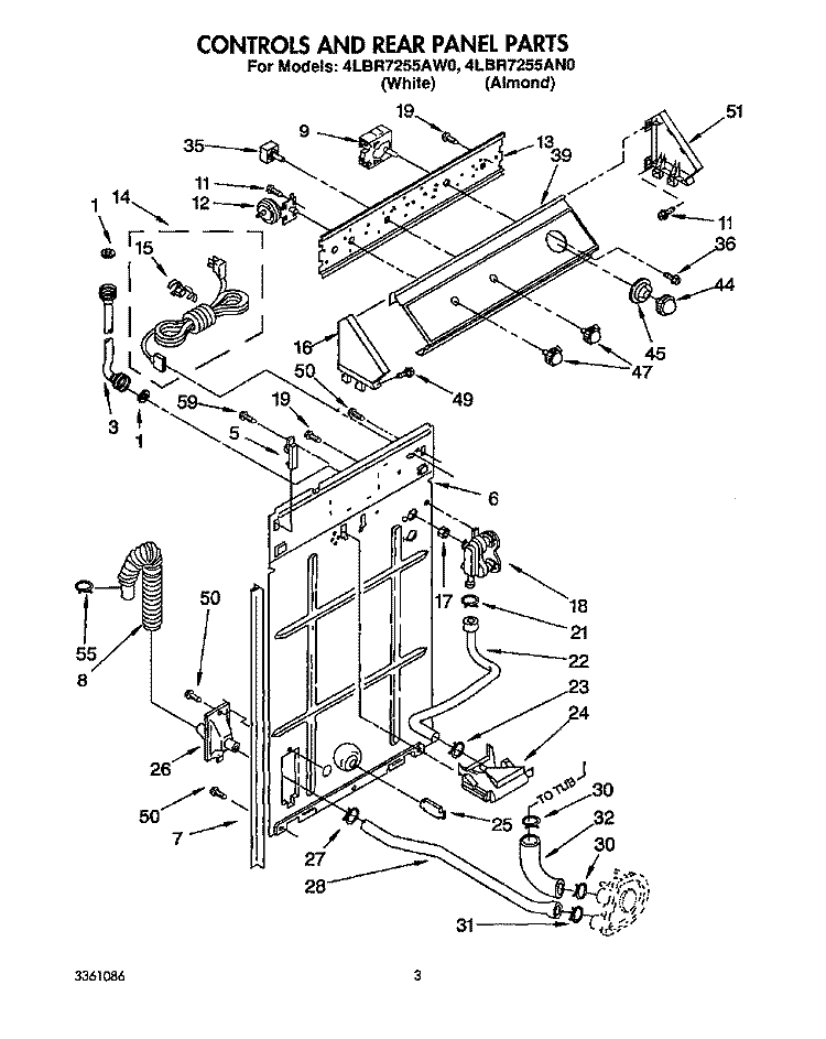 CONTROLS AND REAR PANEL Diagram and Parts List for 4LBR7255AN0  Whirlpool Washer
