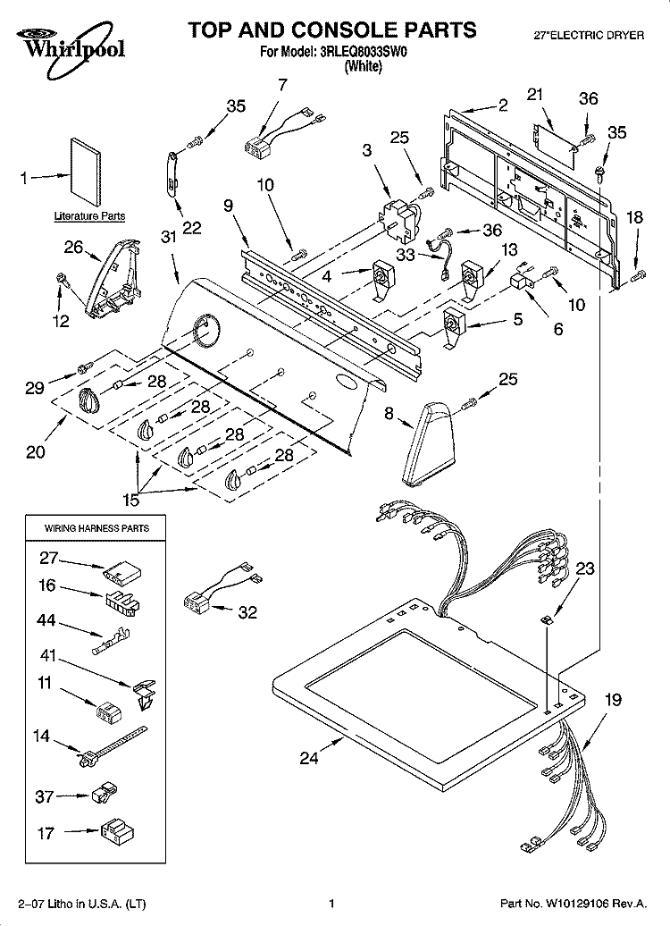 TOP AND CONSOLE PARTS Diagram and Parts List for 3RLEQ8033SW0  Whirlpool Dryer