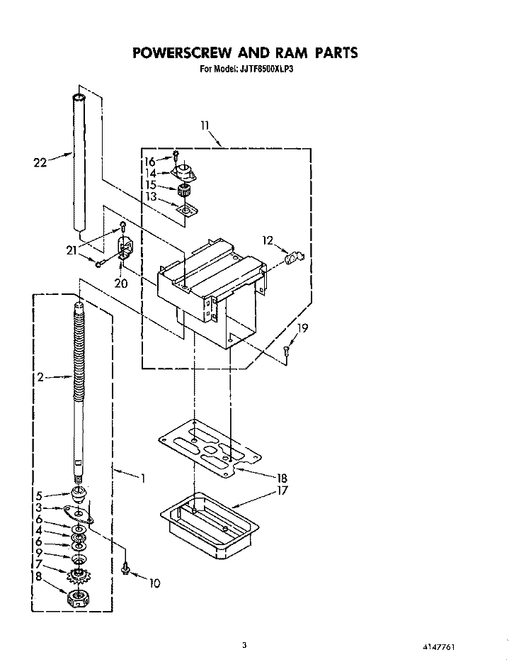 POWERSCREW AND RAM Diagram and Parts List for JJTF8500XLP3  Whirlpool Trash Compactor